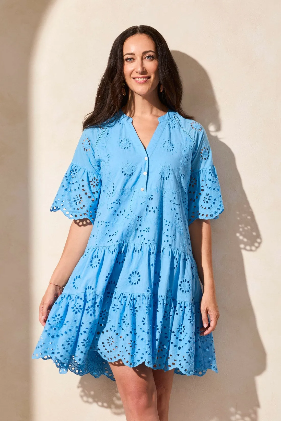 Cotton Eyelet Ruffle Short Sleeve Tiered Dress-Sailboat sold by Tribal product image thumbnail 2