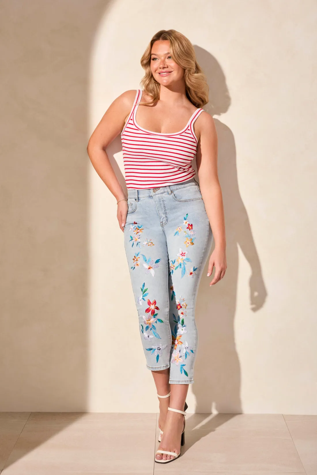Sophia Curvy Floral-Embroidered Slim Crop Jean-Blueleaf sold by Tribal product image thumbnail 3
