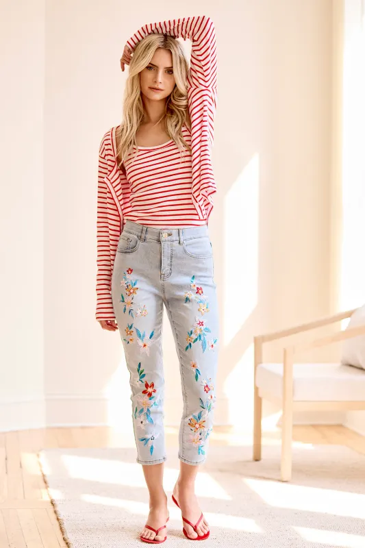 Sophia Curvy Floral-Embroidered Slim Crop Jean-Blueleaf made by Tribal