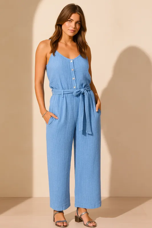 Cotton Gauze Button-Front Jumpsuit With Sash-Sailboat sold by Tribal