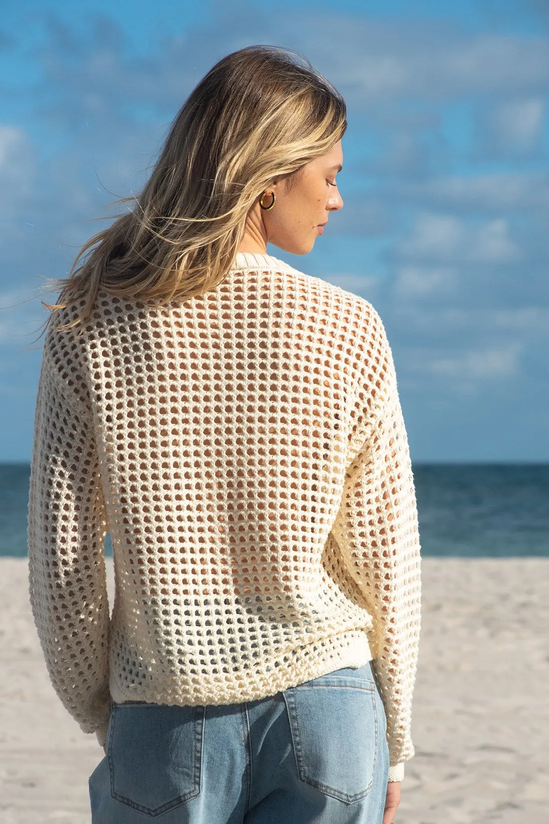 Open Crochet Long Sleeve Crew Neck Sweater With Embroidery-Buttercream sold by Tribal product image thumbnail 4