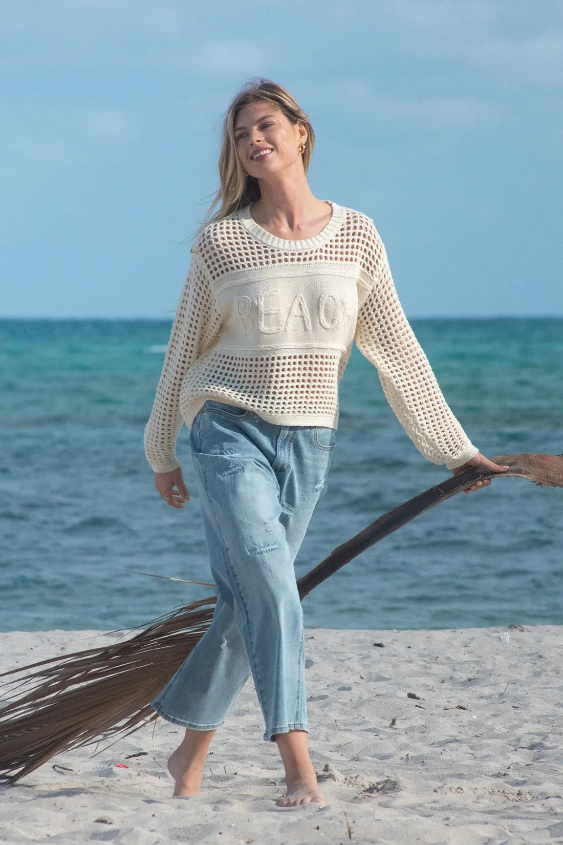 Open Crochet Long Sleeve Crew Neck Sweater With Embroidery-Buttercream sold by Tribal