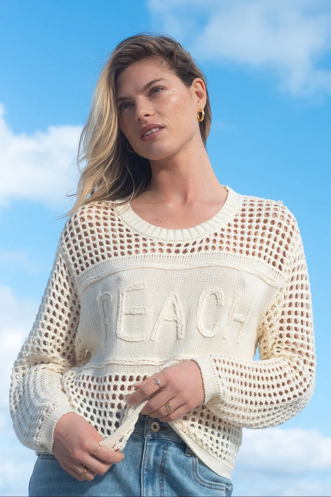 Open Crochet Long Sleeve Crew Neck Sweater With Embroidery-Buttercream sold by Tribal product image thumbnail 2
