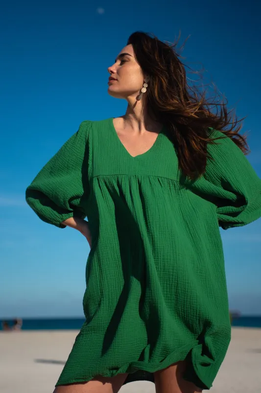 Crinkled Gauze Puff Sleeve Dress-Palmleaf sold by Tribal