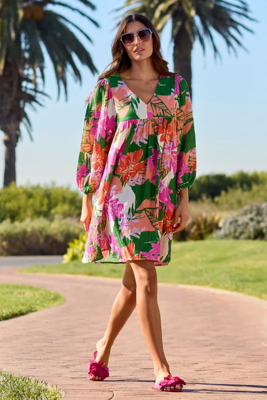 Crinkled Gauze Puff Sleeve Dress-Cartagena made by Tribal