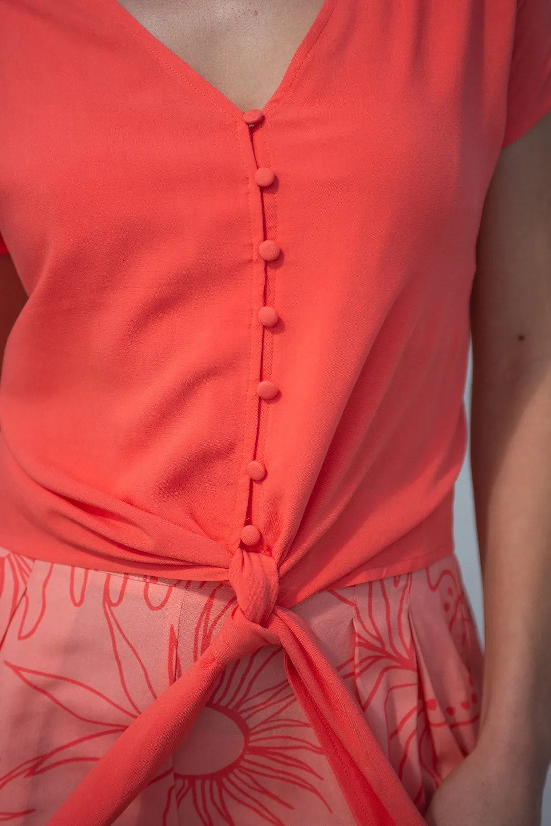 Solid Tie-Hem Button-Front Blouse-Bright mango sold by Tribal product image thumbnail 2