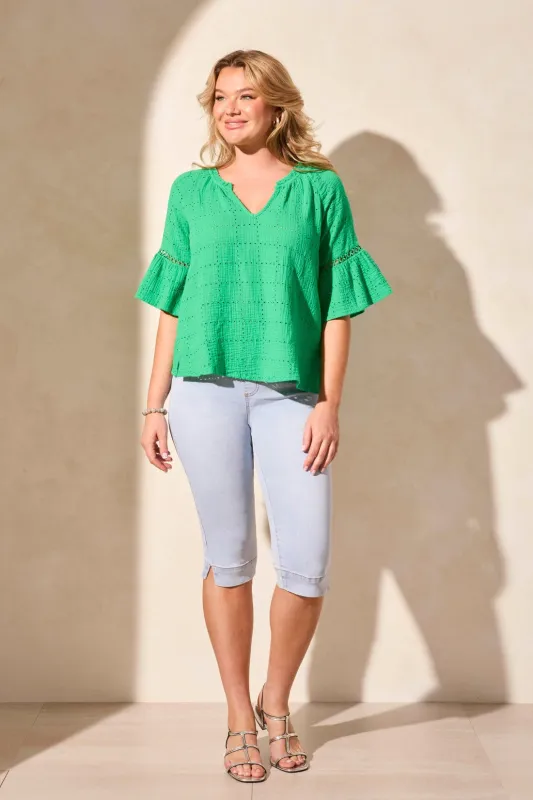 Cotton Eyelet Gauze Ladder-Sleeve Blouse-Greensea sold by Tribal