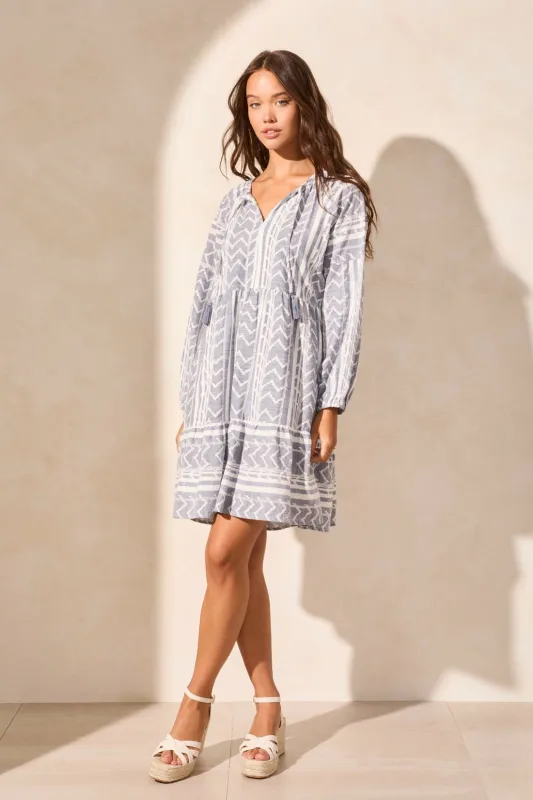 Yarn Dye Stripe Puff-Sleeve Ruffle-Hem Dress-Scubablue sold by Tribal