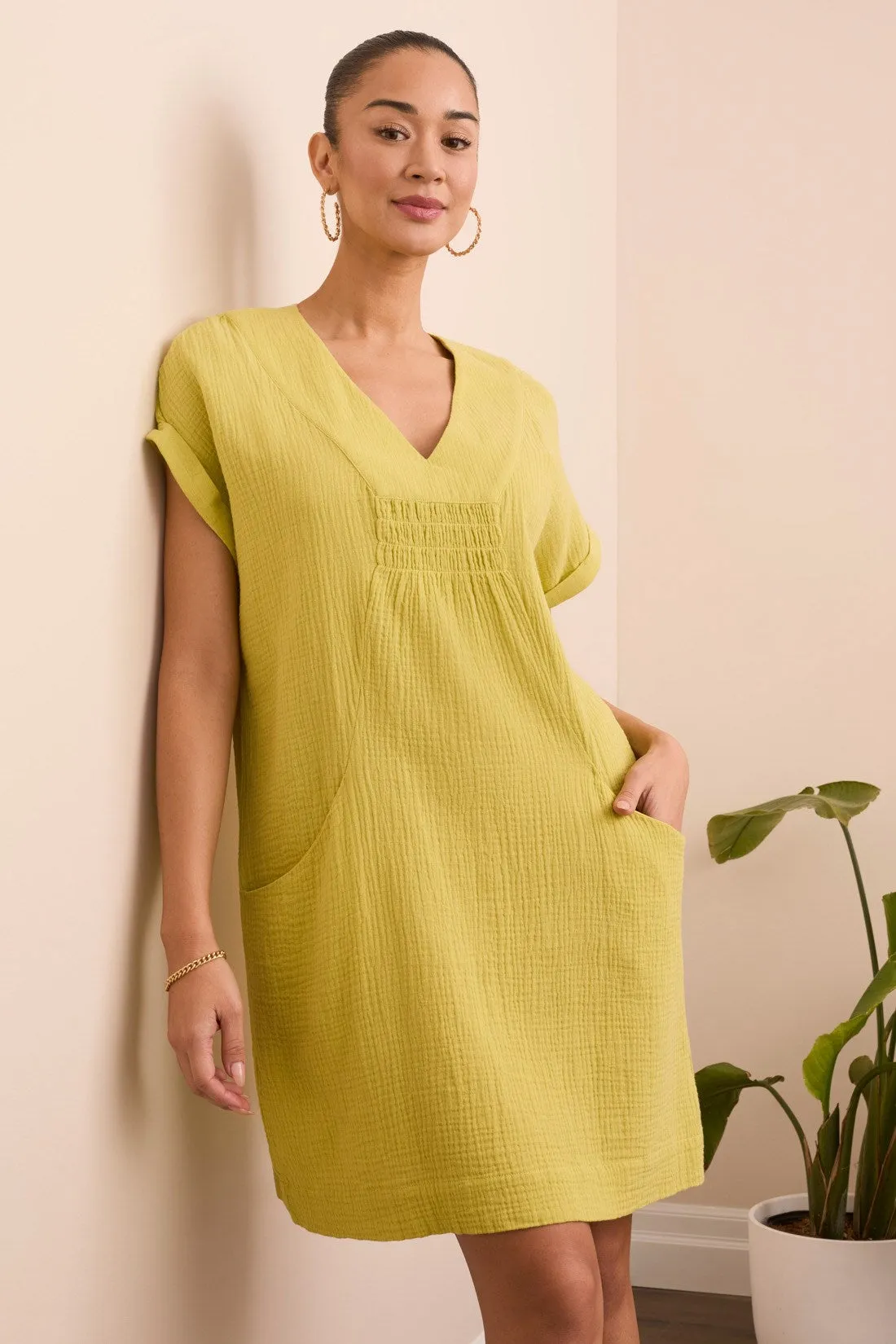 Crinkle Gauze V-Neck Dress With Shirred Front Detail-Kiwi sold by Tribal product image thumbnail 2