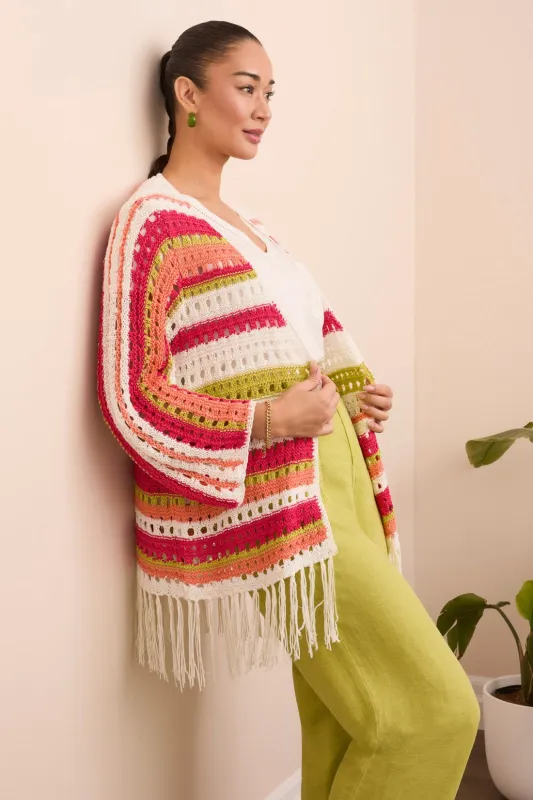 Open Crochet Fringed Hem Cardigan-M keylime sold by Tribal