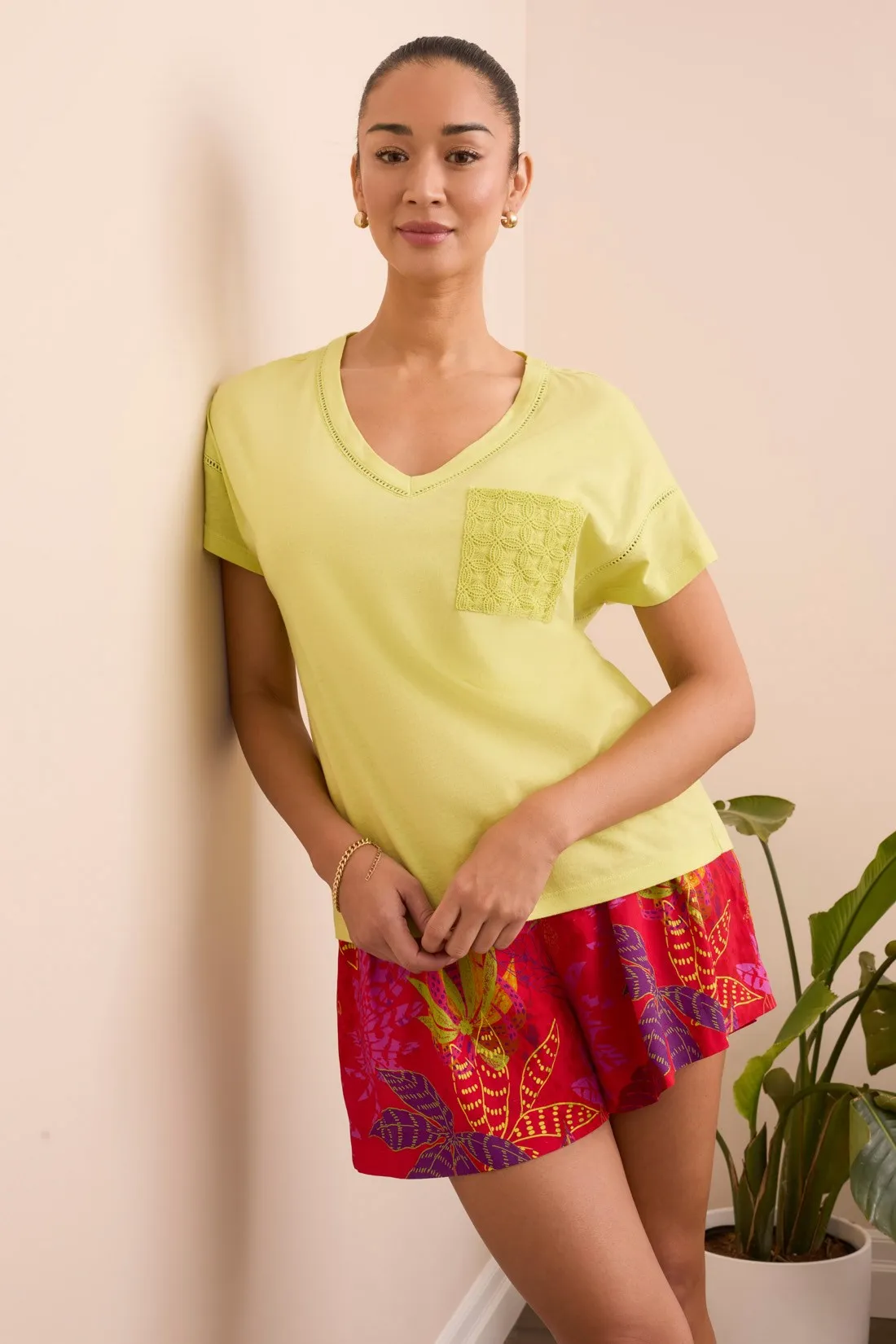 Frill V-Neck Top With Crochet Pocket-Palelime sold by Tribal product image thumbnail 3