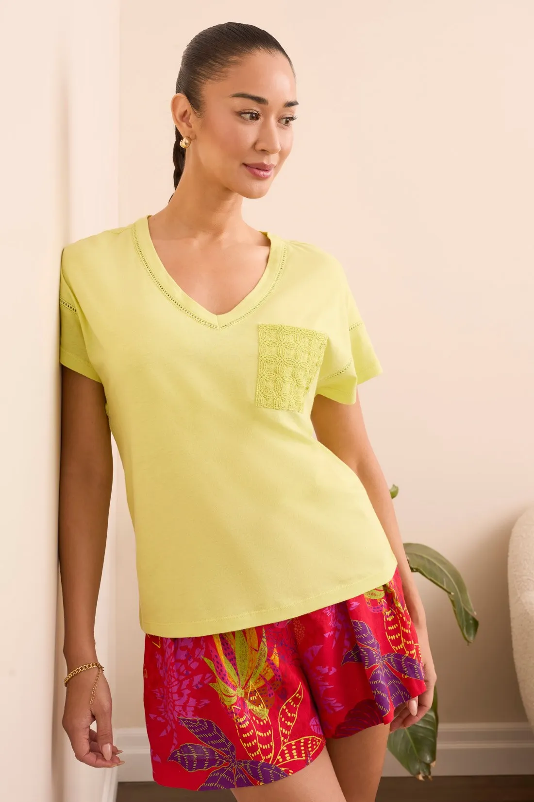 Frill V-Neck Top With Crochet Pocket-Palelime sold by Tribal