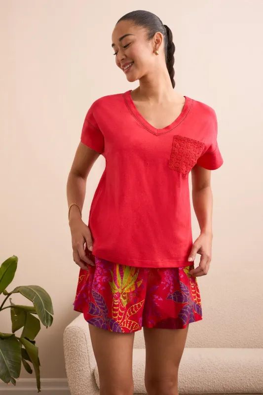 Frill V-Neck Top With Crochet Pocket-Tangored sold by Tribal
