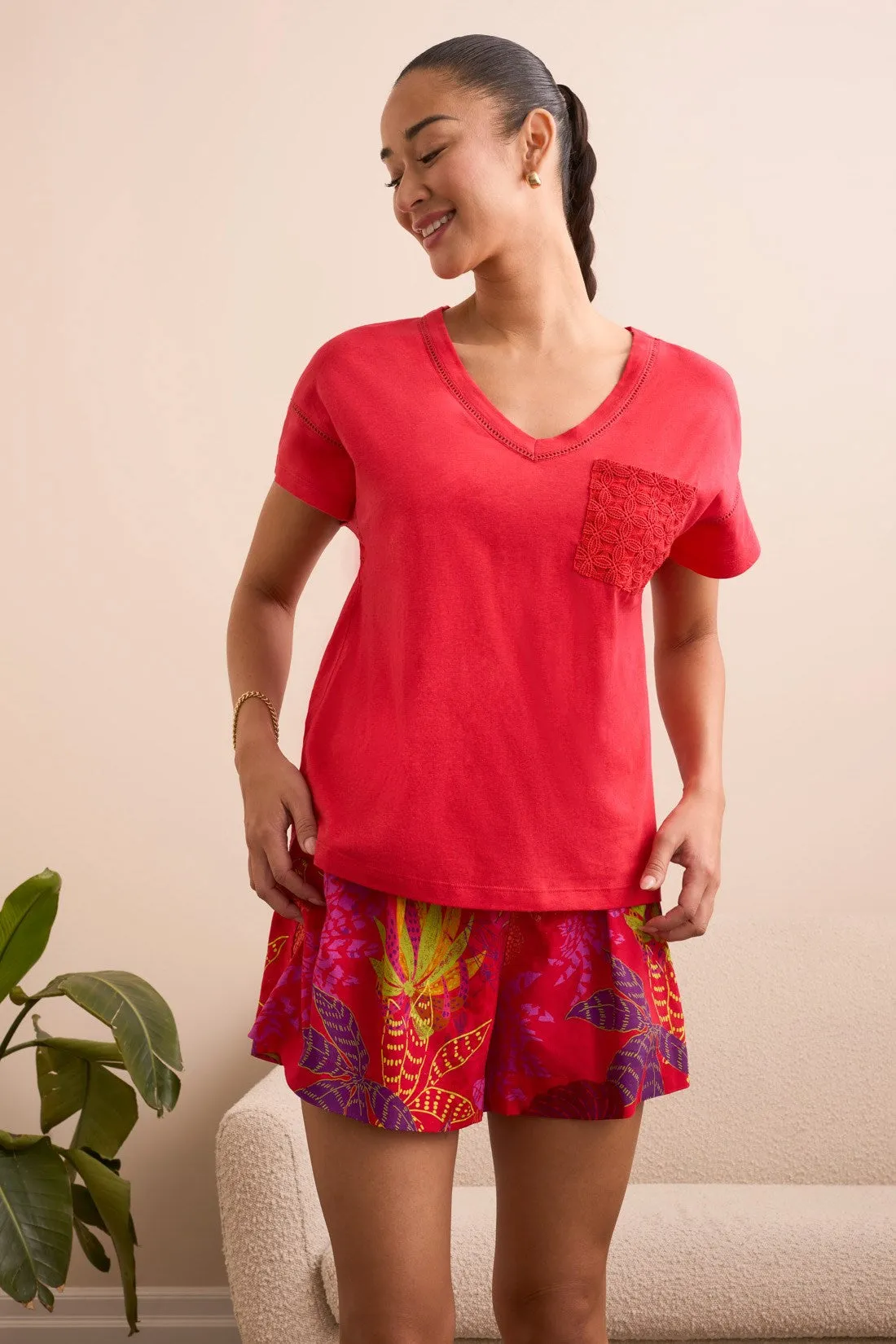 Frill V-Neck Top With Crochet Pocket-Tangored sold by Tribal