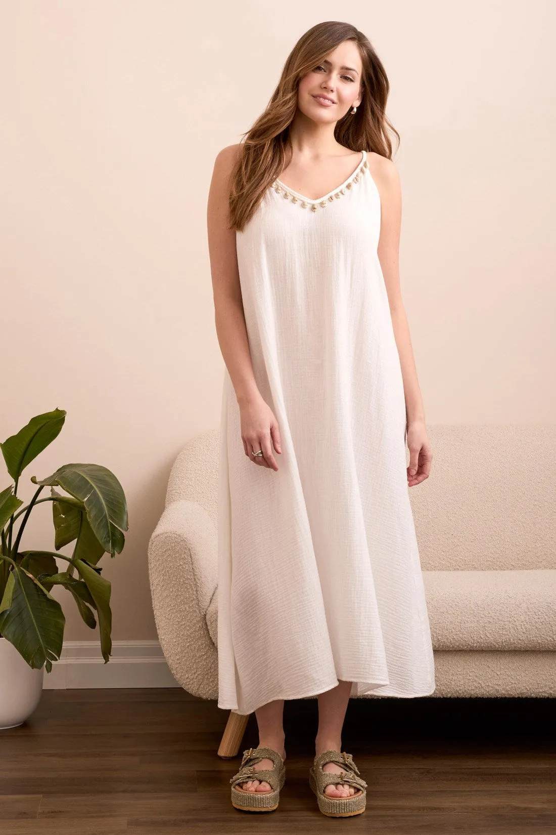 Gauze Seashell-Accent Maxi Dress With Mesh Crochet At Back-Summerwhite sold by Tribal product image thumbnail 2