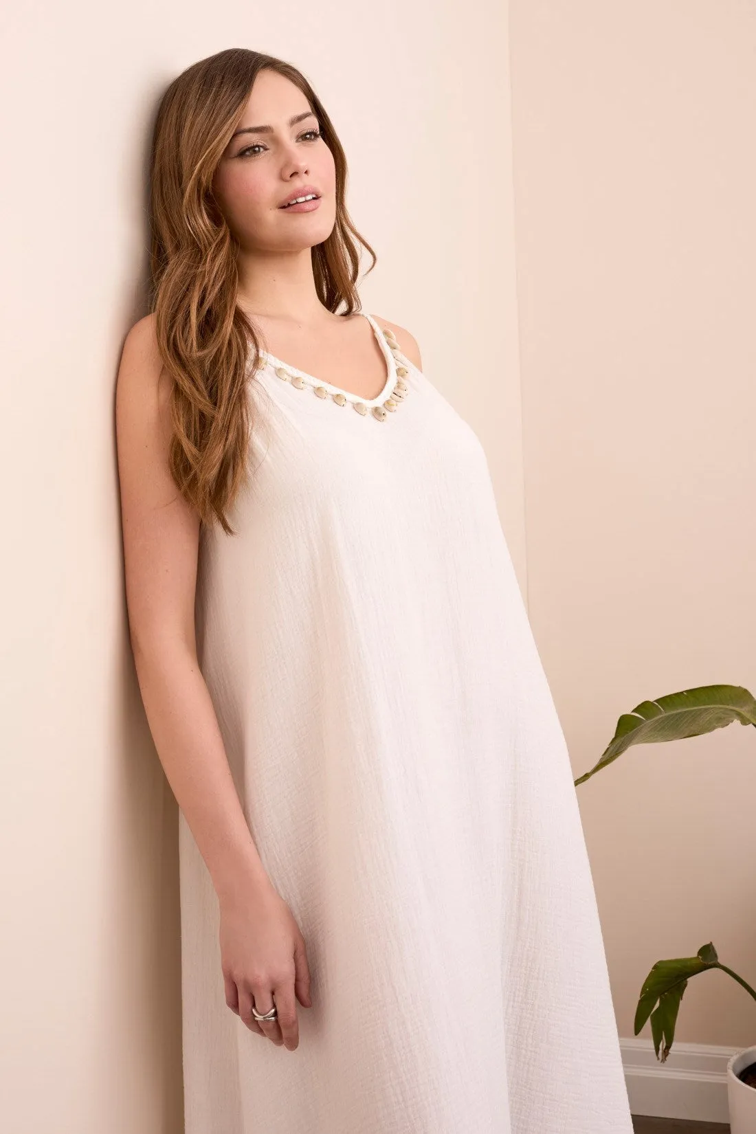 Gauze Seashell-Accent Maxi Dress With Mesh Crochet At Back-Summerwhite sold by Tribal