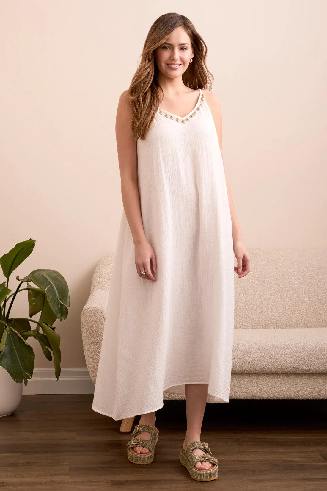 Gauze Seashell-Accent Maxi Dress With Mesh Crochet At Back-Summerwhite sold by Tribal product image thumbnail 3