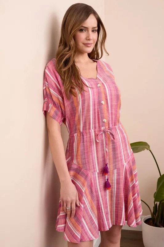 Lightweight Short Sleeve Flowy Dress With Waist Tie-Veryberry sold by Tribal