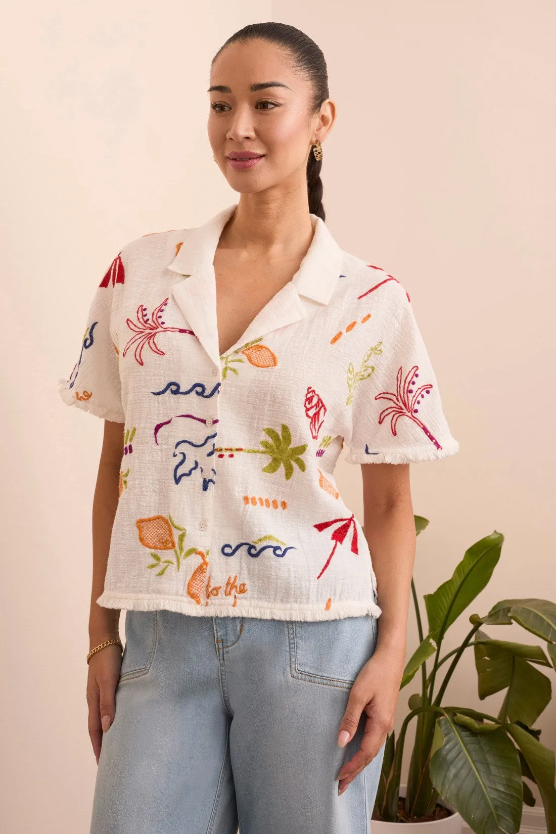 Embroidered Button-Front Short Sleeve Fringe-Trim Blouse-Summerwhite sold by Tribal product image thumbnail 2