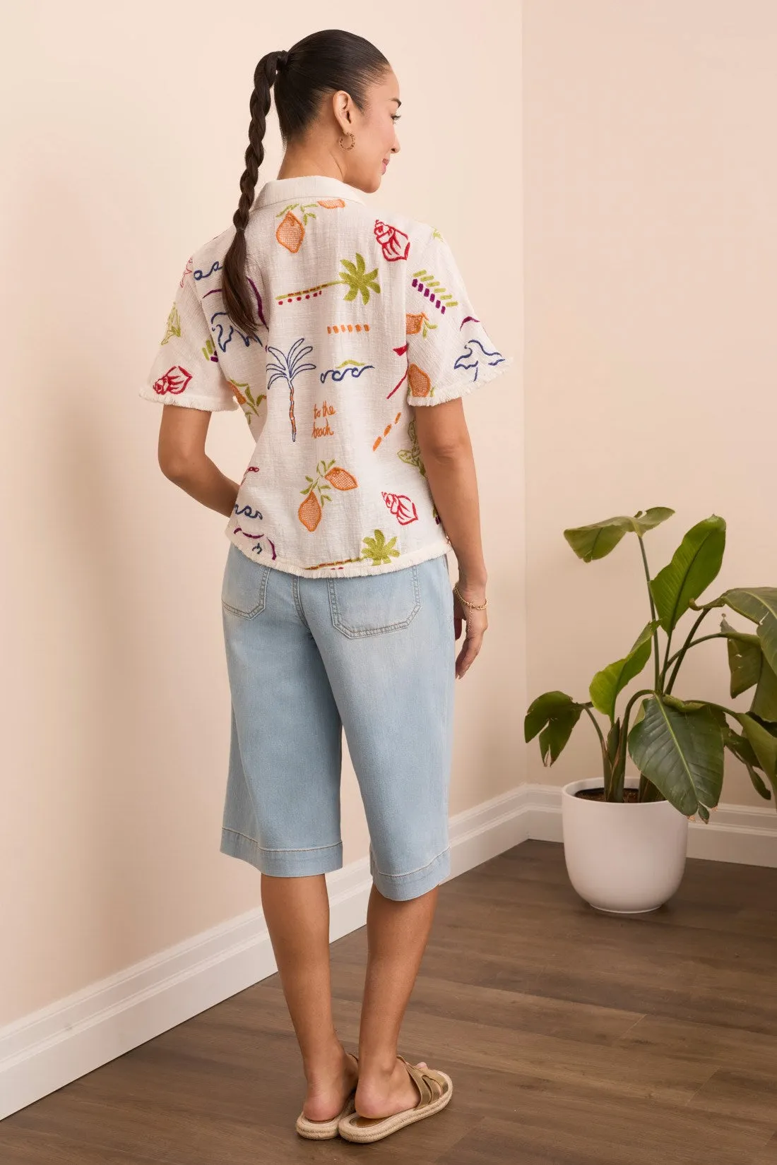 Embroidered Button-Front Short Sleeve Fringe-Trim Blouse-Summerwhite sold by Tribal product image thumbnail 5