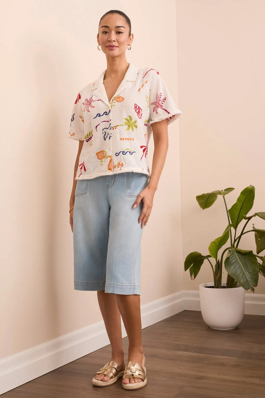 Embroidered Button-Front Short Sleeve Fringe-Trim Blouse-Summerwhite sold by Tribal product image thumbnail 3