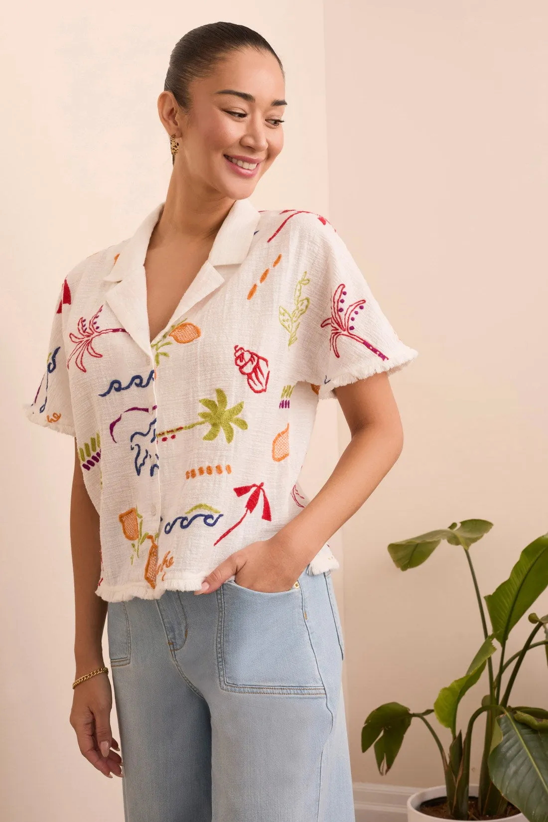 Embroidered Button-Front Short Sleeve Fringe-Trim Blouse-Summerwhite sold by Tribal product image thumbnail 4
