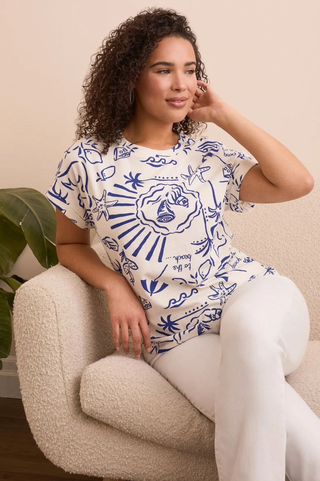 Printed Soft Touch Cap Sleeve Crew Neck T-Shirt-Blueberry sold by Tribal
