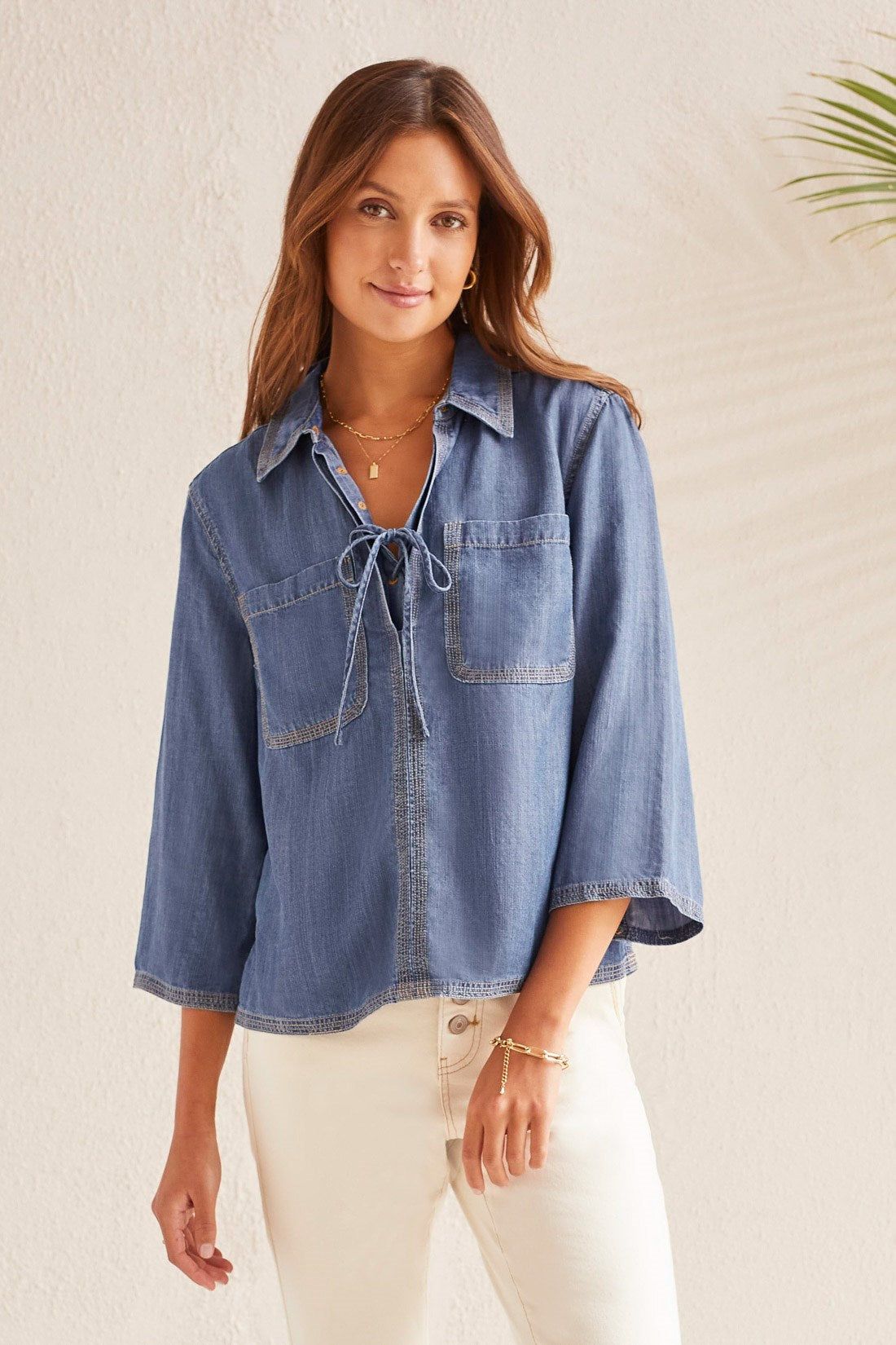 ELBOW SLEEVE BLOUSE WITH LACE-UP DETAIL-Dk. chambray sold by Tribal