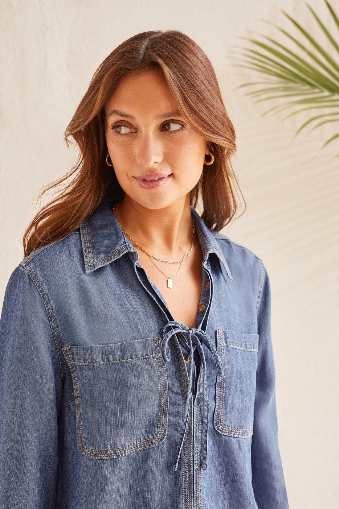 ELBOW SLEEVE BLOUSE WITH LACE-UP DETAIL-Dk. chambray sold by Tribal product image thumbnail 3