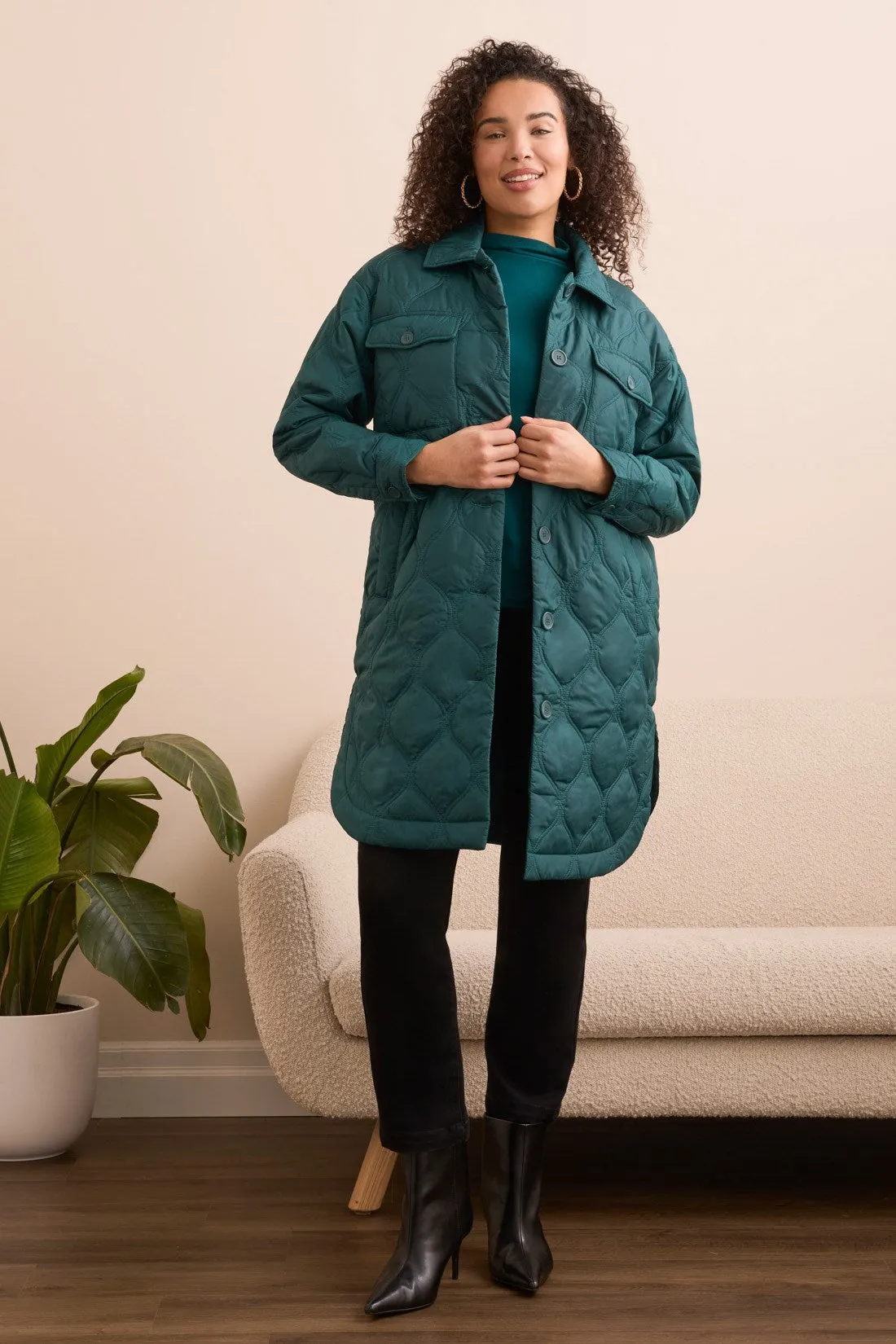 Long Quilted Button-Up Jacket With Pockets-Opalgreen sold by Tribal