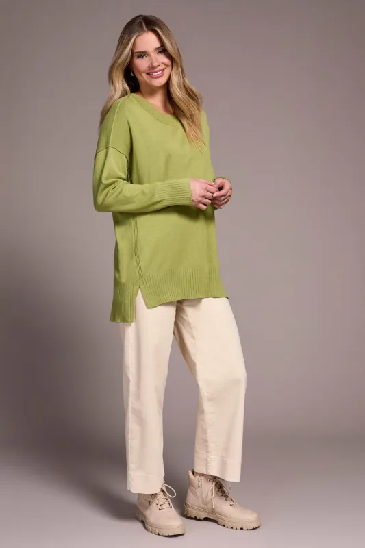 Drop Shoulder Crew Neck Tunic Sweater-Wasabi sold by Tribal