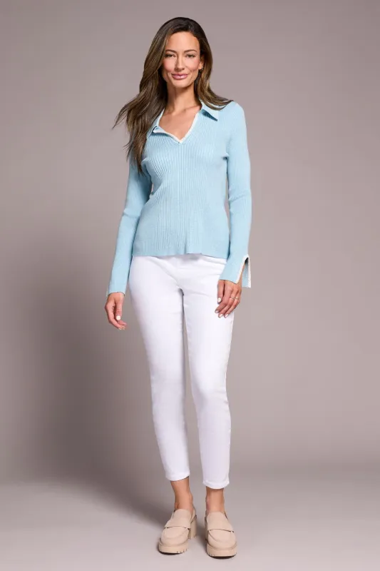 Top Stitch Johnny Collar Lightweight Sweater-H aqua sold by Tribal
