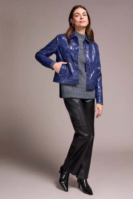 Faux Leather Button-Front Collar-Accent Jacket-Dklapisblue sold by Tribal
