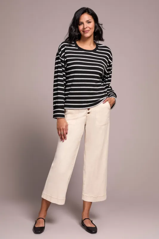 Long Sleeve Stripe Crew Neck Brush Knit Top-Black sold by Tribal