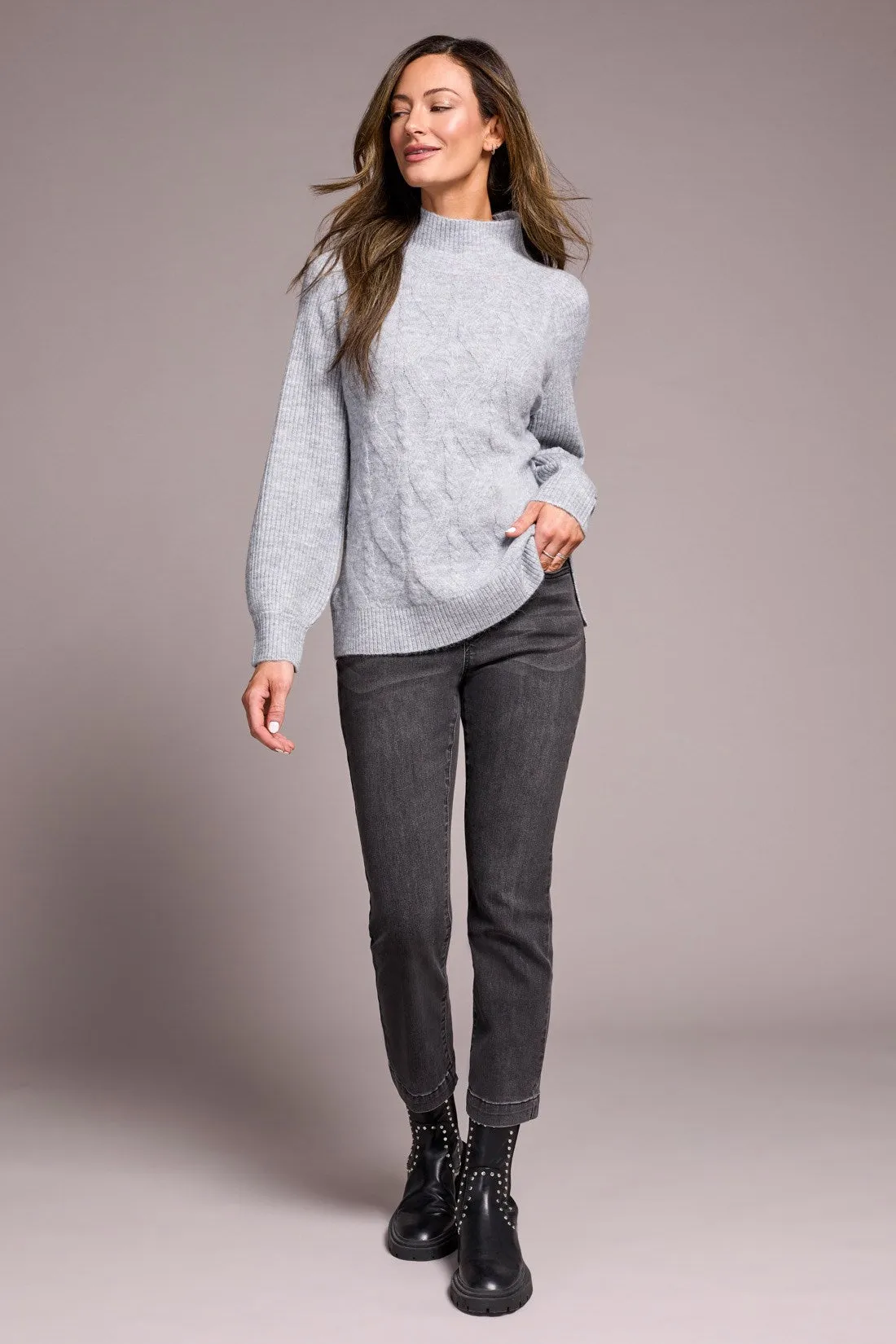 Long Puff Sleeve Mock Neck Sweater-Grey mix sold by Tribal