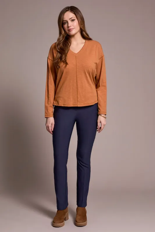Slub Knit Flatlock V-Neck Top-Bran sold by Tribal