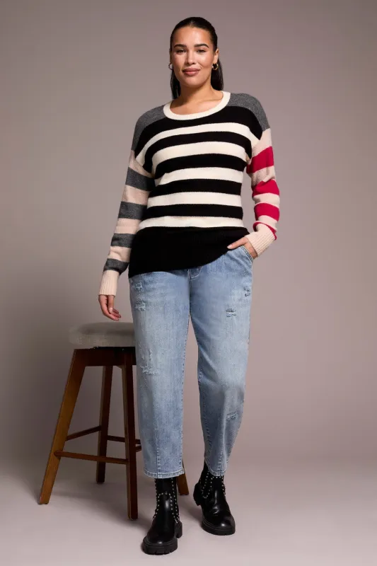 Soft Knit Combo Striped Boat Neck Sweater-Black sold by Tribal