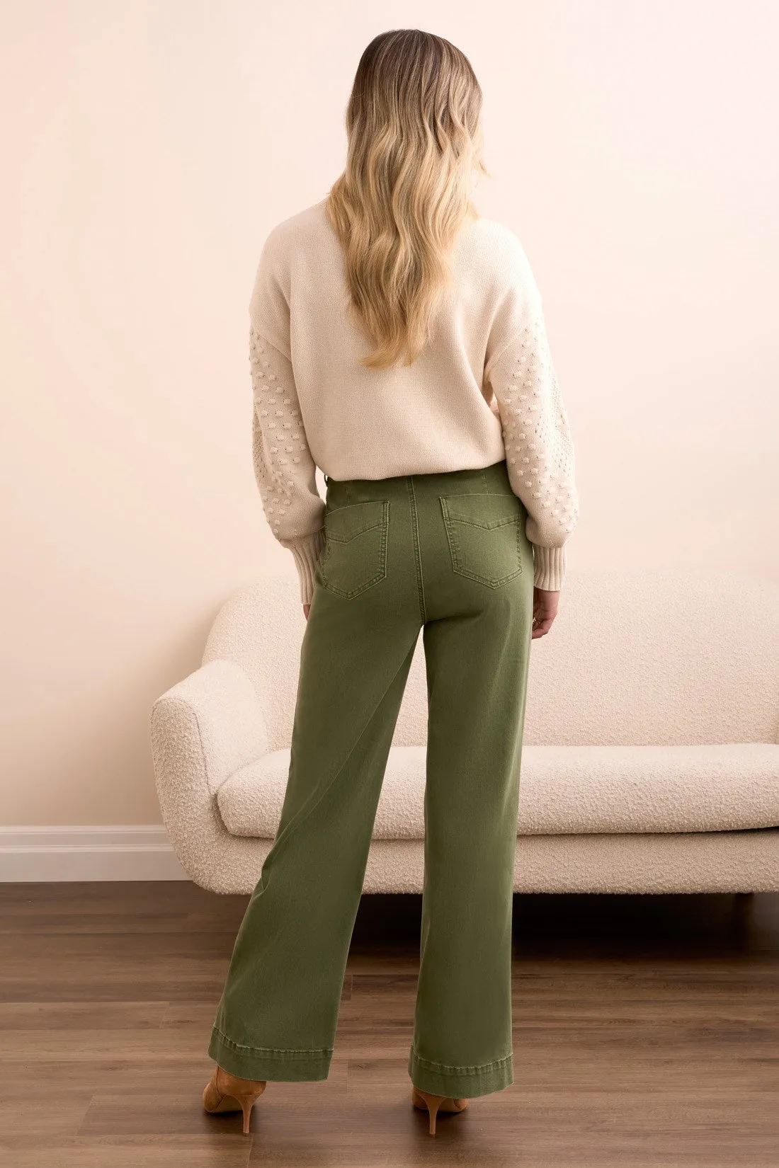 Comfort Stretch Fly Front Wide Leg Pants-Chive sold by Tribal product image thumbnail 4