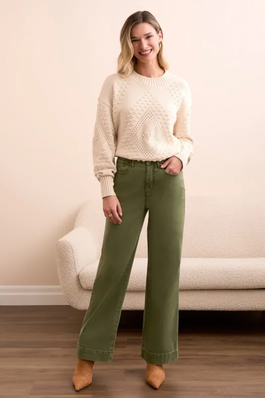 Comfort Stretch Fly Front Wide Leg Pants-Chive sold by Tribal