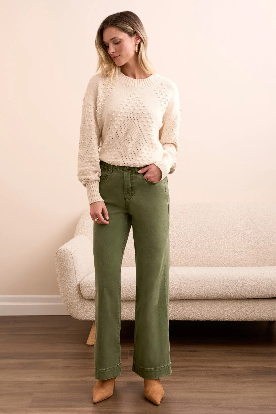 Comfort Stretch Fly Front Wide Leg Pants-Chive sold by Tribal product image thumbnail 2