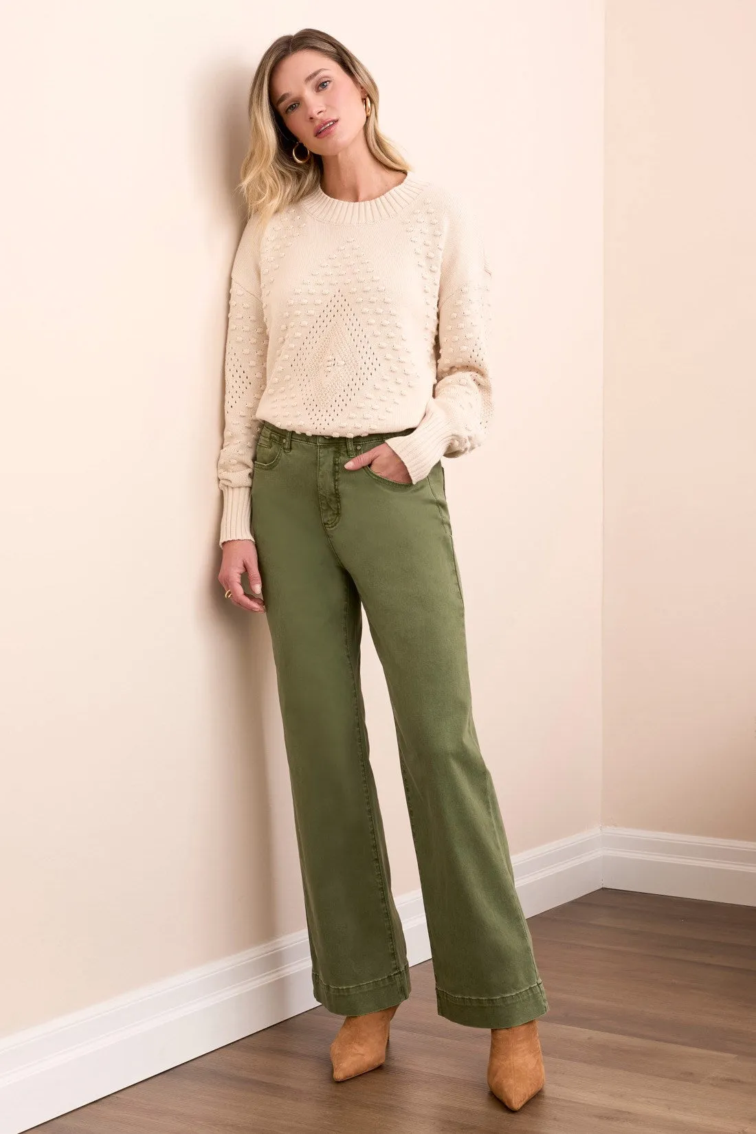 Comfort Stretch Fly Front Wide Leg Pants-Chive sold by Tribal product image thumbnail 3