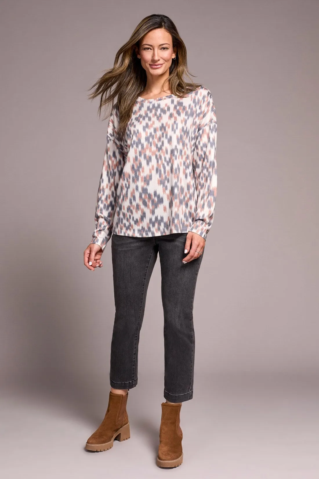 Fuzzy Soft Crew Neck Combo Print Knit Top-Almondlatte sold by Tribal