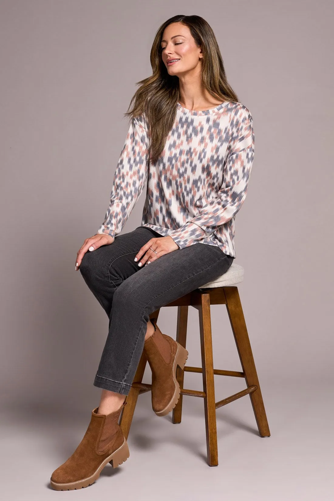 Fuzzy Soft Crew Neck Combo Print Knit Top-Almondlatte sold by Tribal product image thumbnail 3