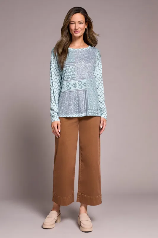 Fuzzy Soft Crew Neck Combo Print Knit Top-Pastelteal sold by Tribal