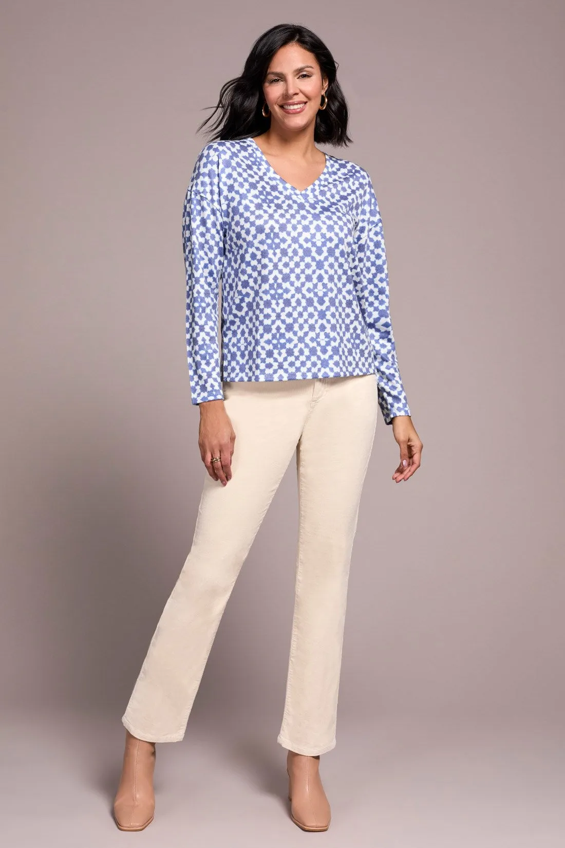 Fuzzy Soft V-Neck Combo Print Knit Top-Ultrablue sold by Tribal