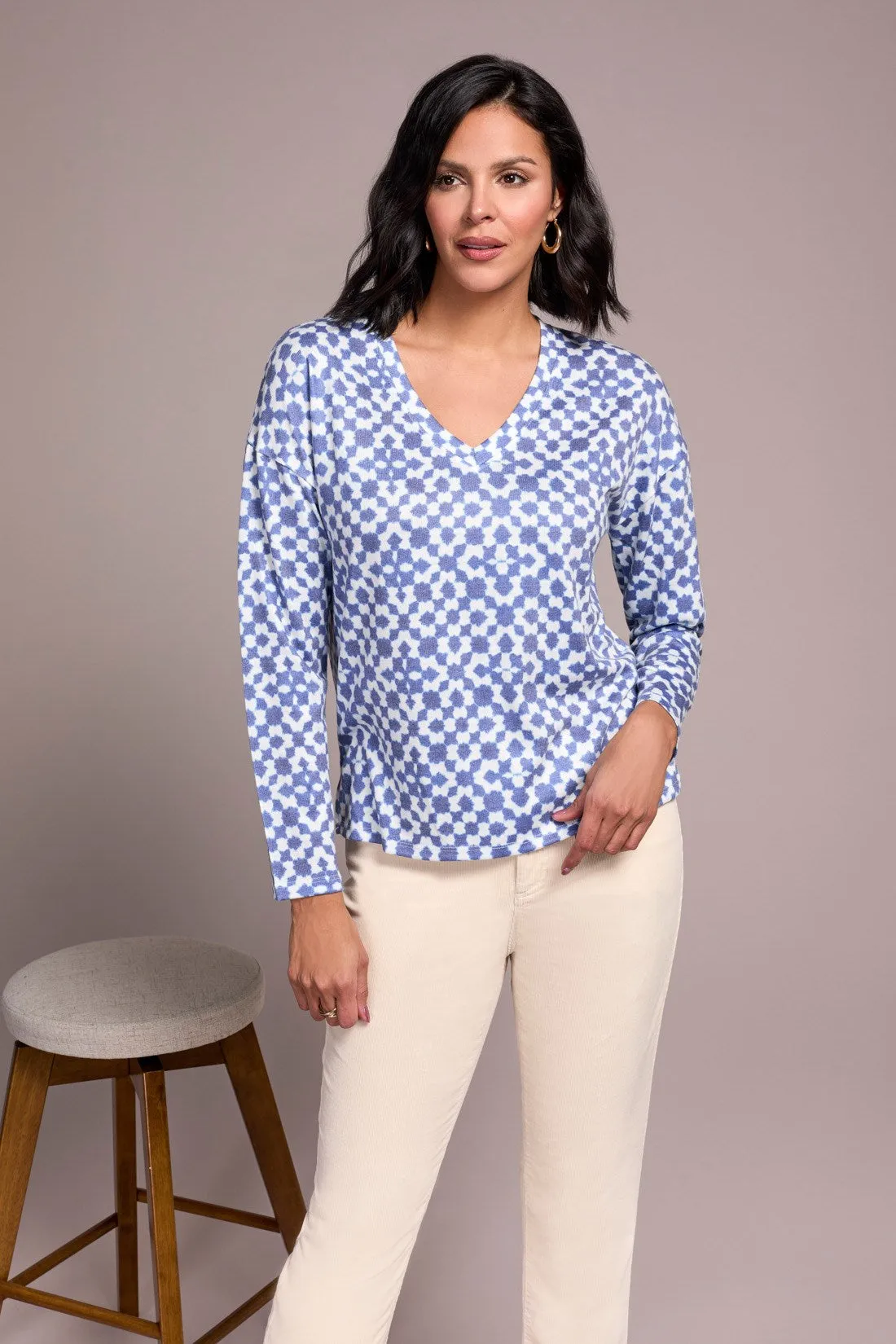 Fuzzy Soft V-Neck Combo Print Knit Top-Ultrablue sold by Tribal product image thumbnail 3