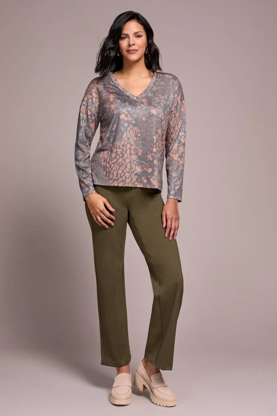 Fuzzy Soft V-Neck Combo Print Knit Top-Turmeric sold by Tribal