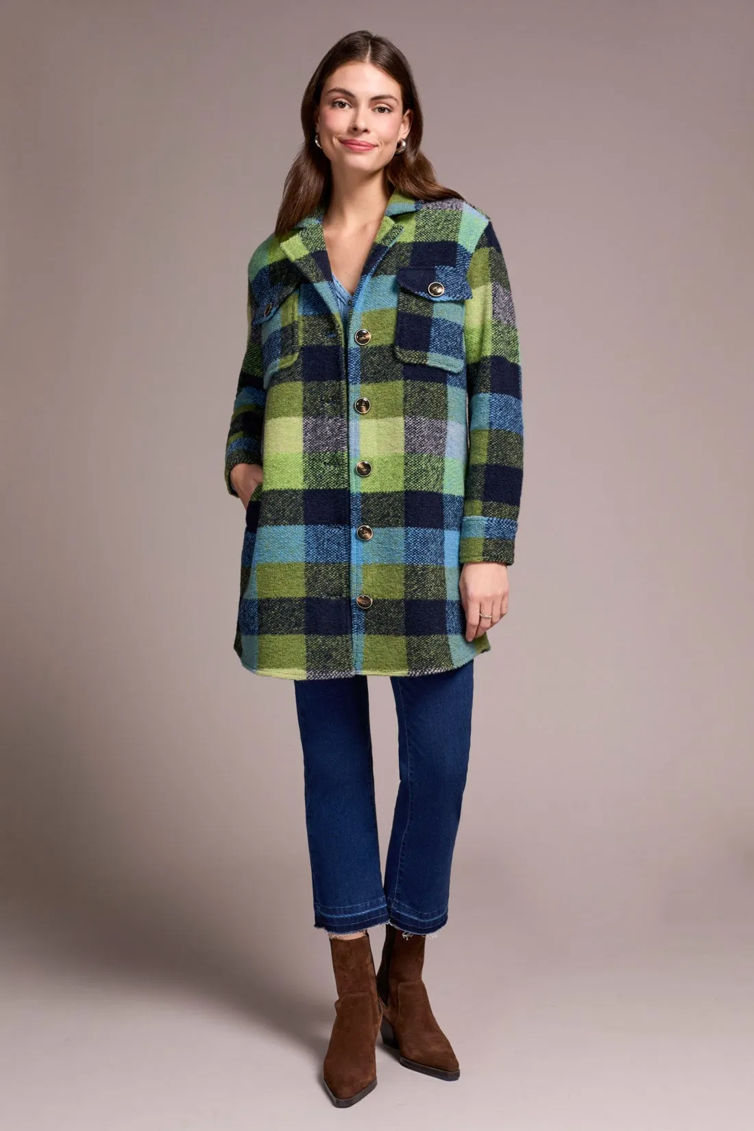 Knit Plaid Notch Collar Shacket-Nightfall sold by Tribal