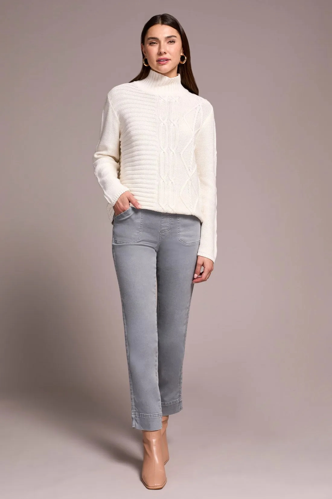 Vintage Washed Cable Knit Mock Neck Sweater-Cream sold by Tribal