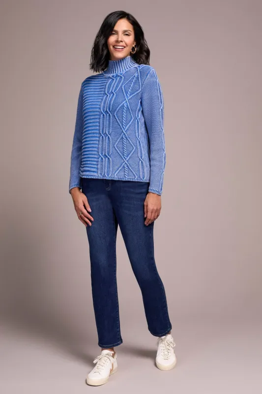 Vintage Washed Cable Knit Mock Neck Sweater-Ultrablue sold by Tribal